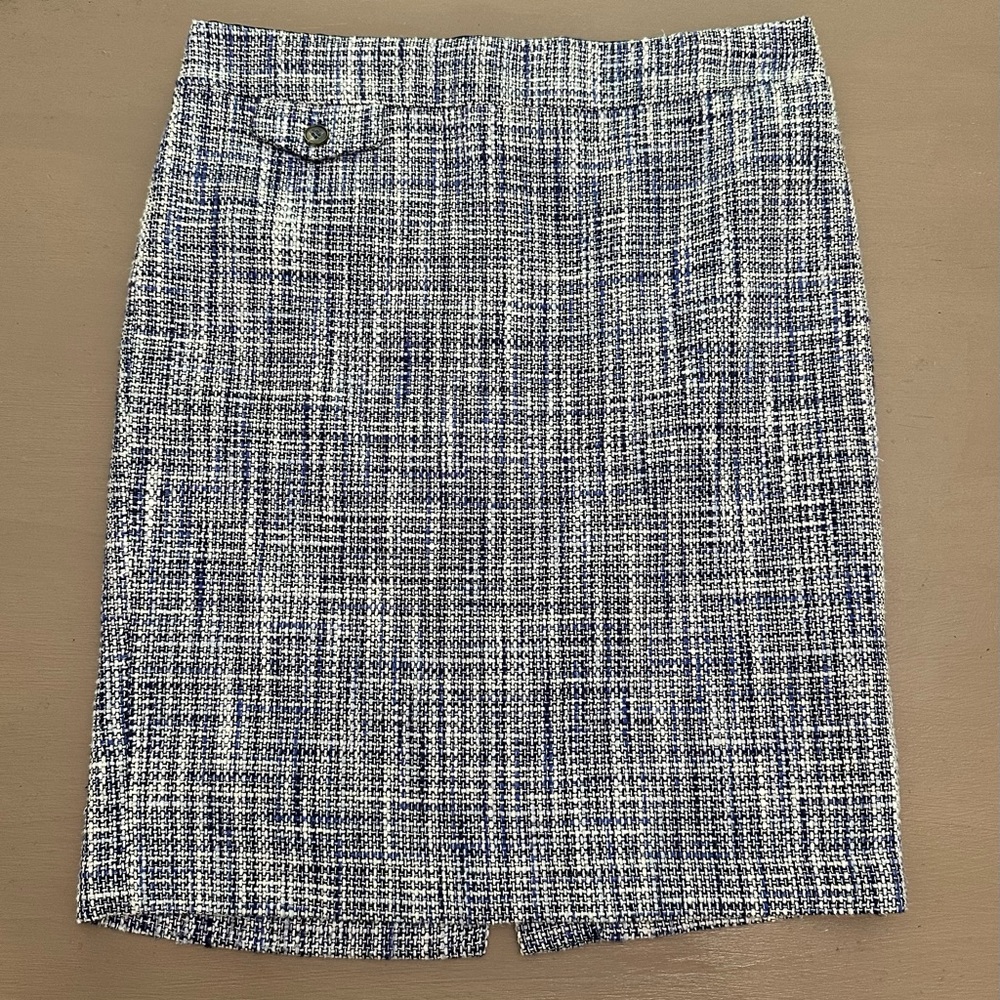 KENAR Blue & White Tweed Bouclé Pencil Skirt - Size 4 - 100% Cotton